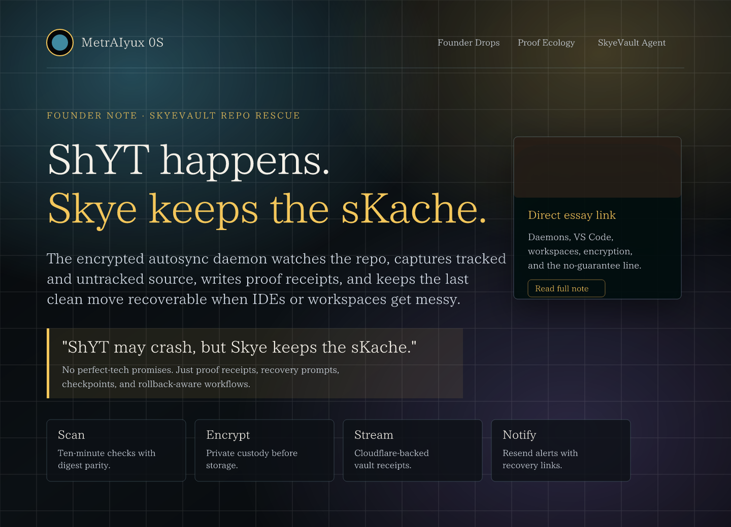 Screenshot of the SkyeVault autosync daemon founder note